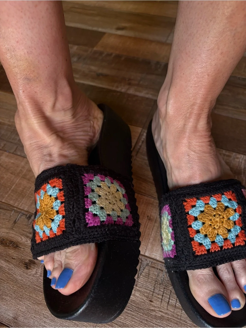 Dirty Laundry Black Crochet Slide Sandals with Multicolor Squares